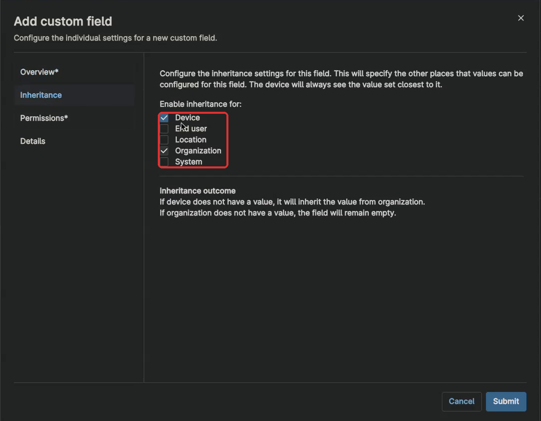 Add custom field dialog for the organization field, Inheritance tab, with Device and Organization checked