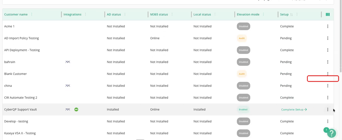 CyberQP dashboard Customers list with a customer's three-dot menu open and Copy Agent ID highlighted