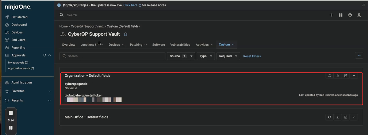 NinjaOne organization Custom (Default fields) page showing Organization - Default fields with cyberqpagentid set to No value and the inherited globalcyberqpinstalltoken value