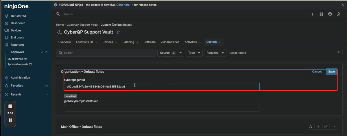 Organization - Default fields in edit mode with a CyberQP Agent ID pasted into the cyberqpagentid field and the Save button visible