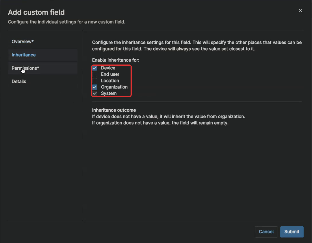Add custom field dialog, Inheritance tab, with Device, Organization and System checked under Enable inheritance for