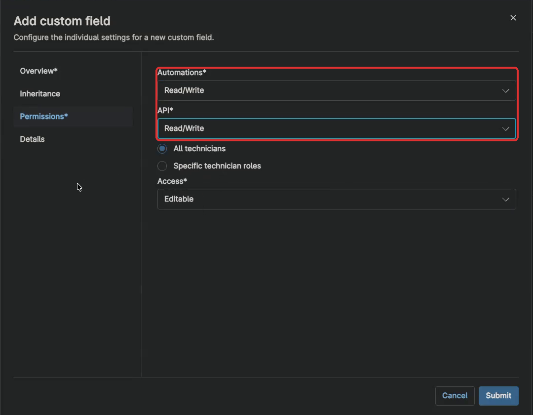 Add custom field dialog, Permissions tab, with Automations and API both set to Read/Write and Access set to Editable