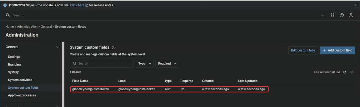 System custom fields list showing globalcyberqpinstalltoken with Type Text and Required No