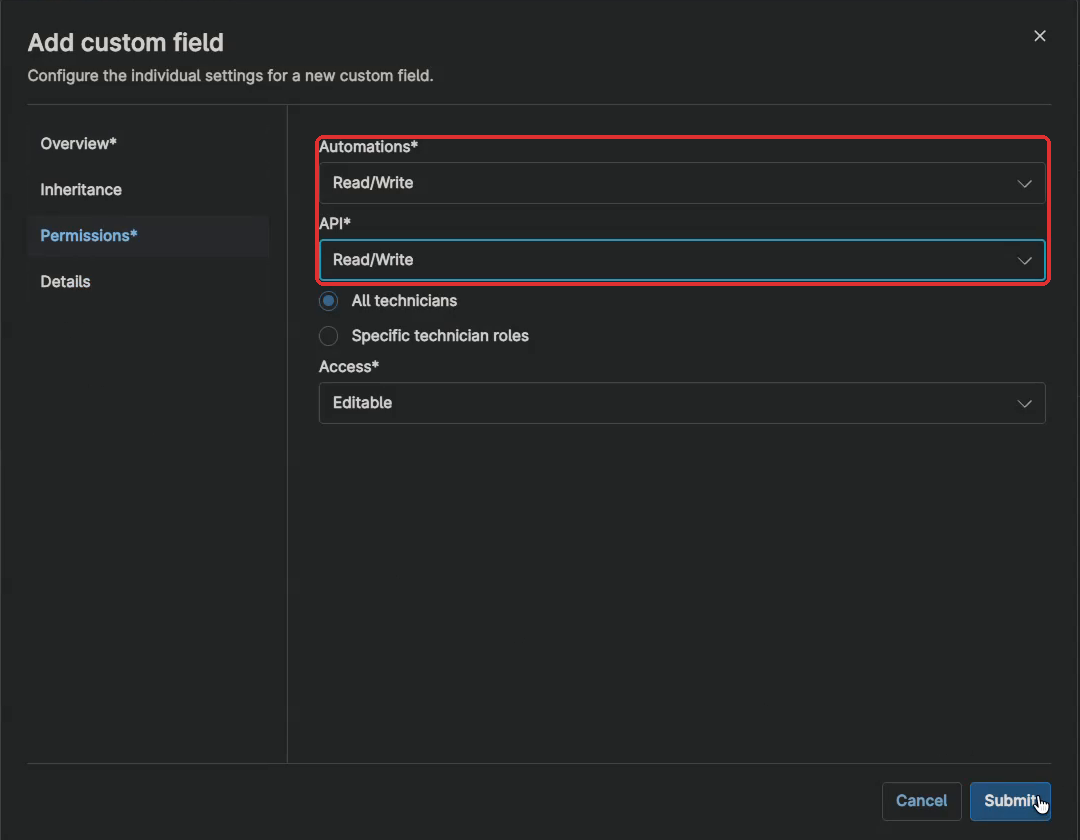 Add custom field dialog, Permissions tab, with Automations and API set to Read/Write