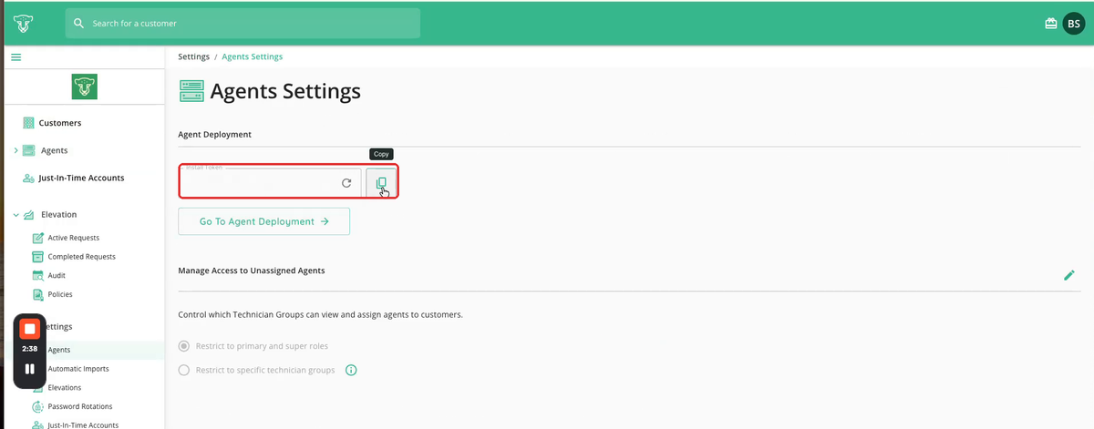 CyberQP dashboard Agents Settings page with the Install Token field and its copy icon highlighted under Agent Deployment