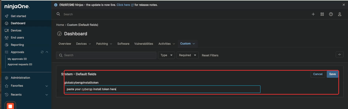 System - Default fields in edit mode with the globalcyberqpinstalltoken field and the Save button highlighted