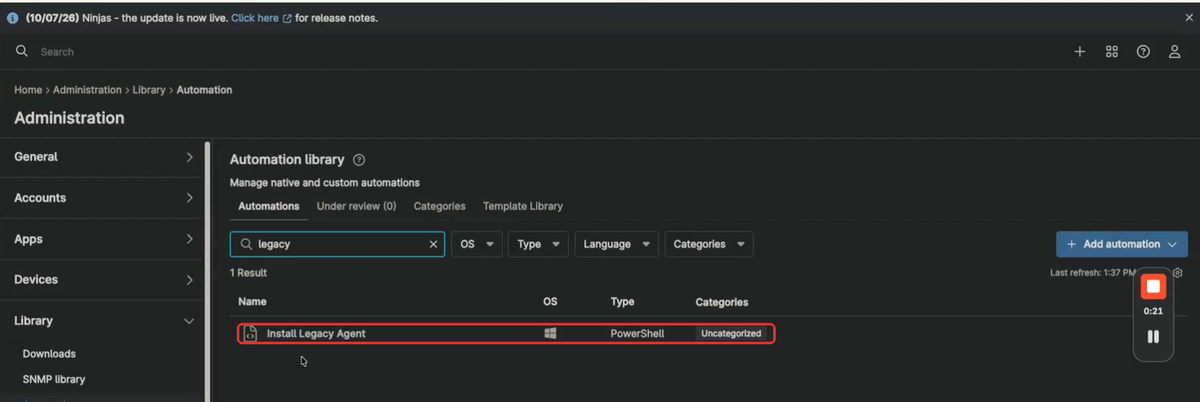 NinjaOne Automation library filtered to show a PowerShell script named Install Legacy Agent, highlighted