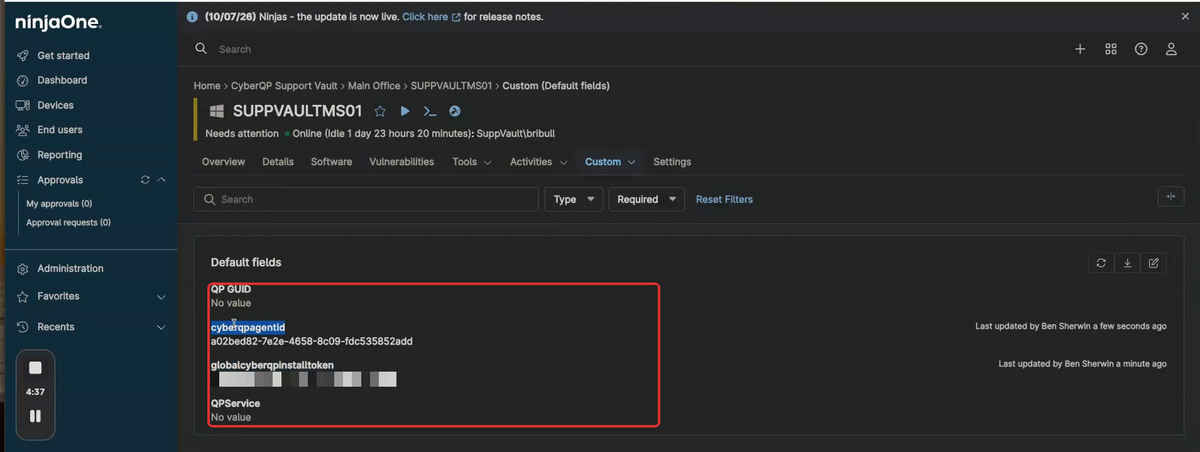 NinjaOne device Custom (Default fields) page showing cyberqpagentid and globalcyberqpinstalltoken both populated through inheritance